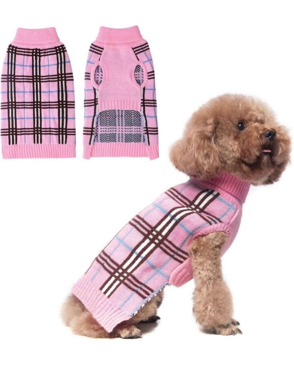 Pink Plaid Knit Dog Sweater with Turtleneck